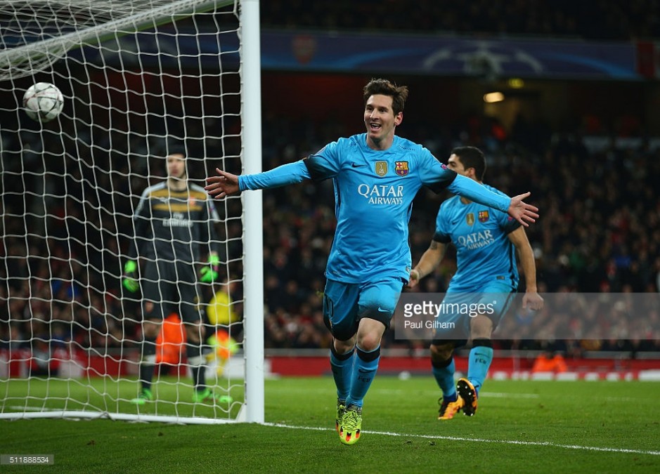 during the UEFA Champions League round of 16 first leg match between Arsenal and Barcelona on February 23, 2016 in London, United Kingdom.