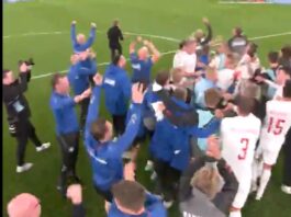 Video: Tanskan miehistö ja kannattajat juhlivat onnellisina, kun jatkopaikka varmistui