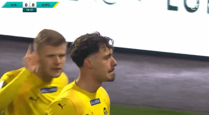 Video: KuPS-kapteeni Petteri Pennanen ojensi Agon Sadikua, joka provosoi HJK-kannattajia