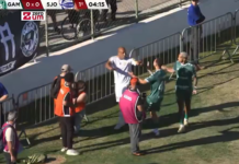 Video: Puolustaja täräytti pallon pr-henkilöä päähän – menetti tajuntansa Brasilian divarissa